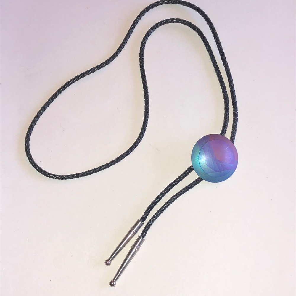 Iridescent Purple-Blue Bolo Tie with Braided Black Cord